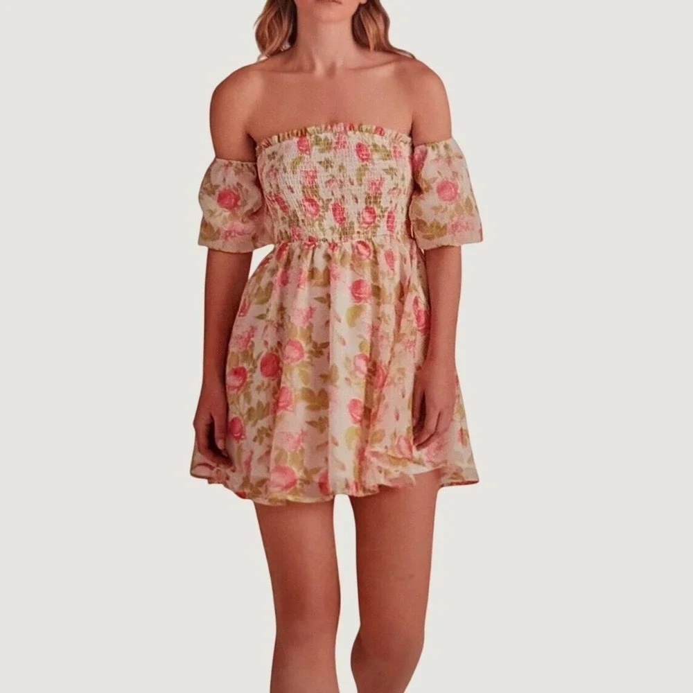 Betsey Johnson Babydoll Dress Sz L Floral Smocked‎ Pheasant Puff Sleeves Mini